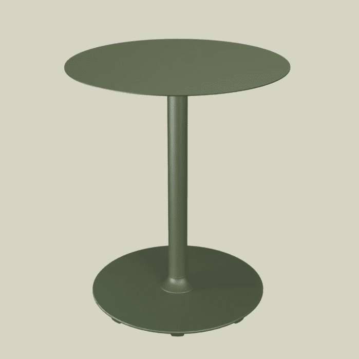 Round olive green metal side table with a central pedestal base, shown against a plain light background.