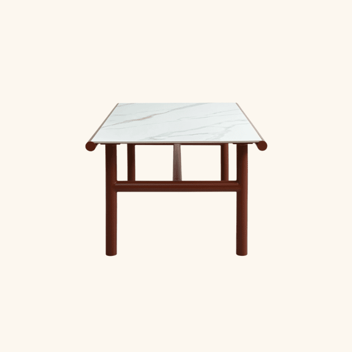 Rectangular table with a white marble top and a brown cylindrical metal base, shown from the front against a plain background.